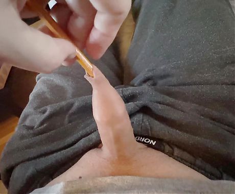 Play with the foreskin of my little cock and a pencil